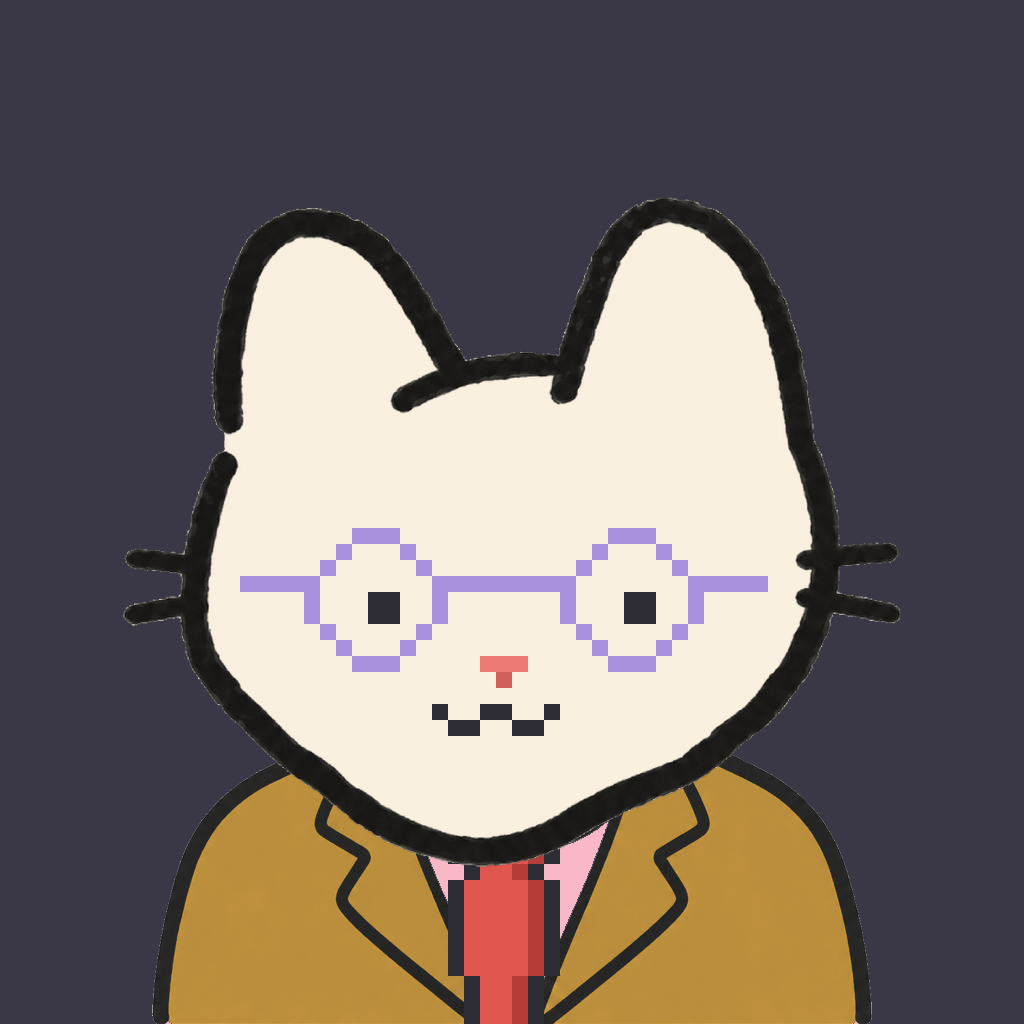 Employee #2796 — a cream cat, in a mustard suit, with a red tie, wearing round-lavender glasses, on charcoal