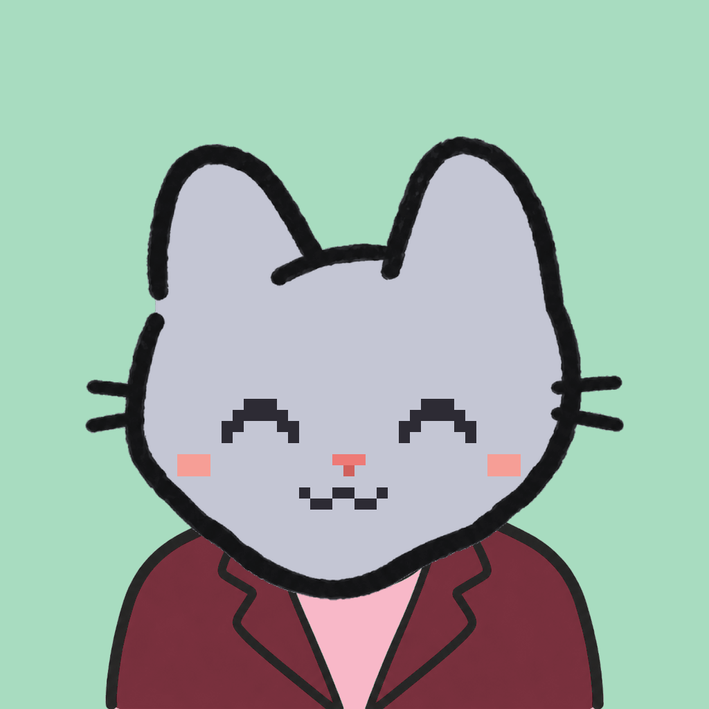 Employee #2797 — a gray cat, in a burgundy suit, on mint