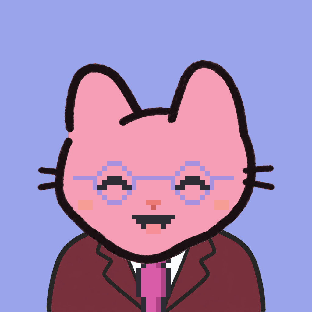 Employee #2798 — a pink cat, in a burgundy suit, with a magenta tie, wearing round-lavender glasses, on periwinkle