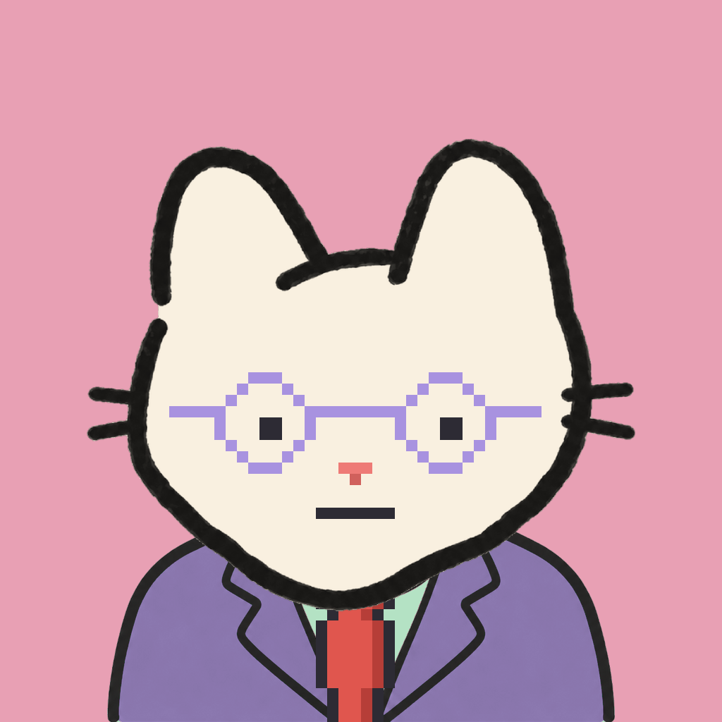 Employee #2799 — a cream cat, in a lavender suit, with a red tie, wearing round-lavender glasses, on rose