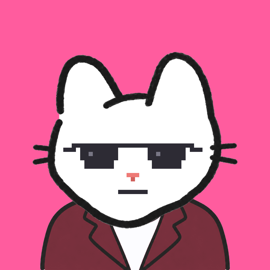 Employee #0028 — a white cat, in a burgundy suit, wearing shades glasses, on hot pink