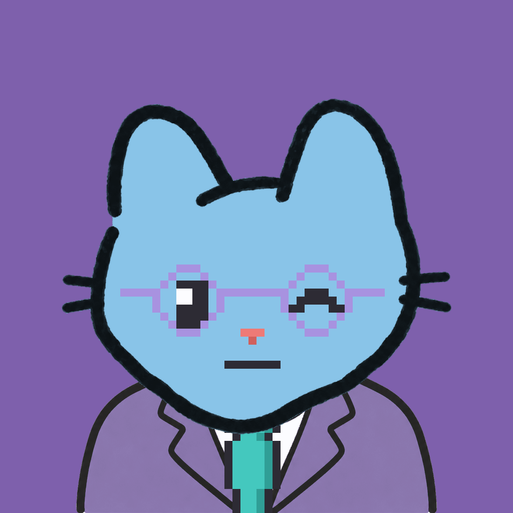 Employee #0280 — a sky cat, in a lavender suit, with a teal tie, wearing round-lavender glasses, on plasma violet