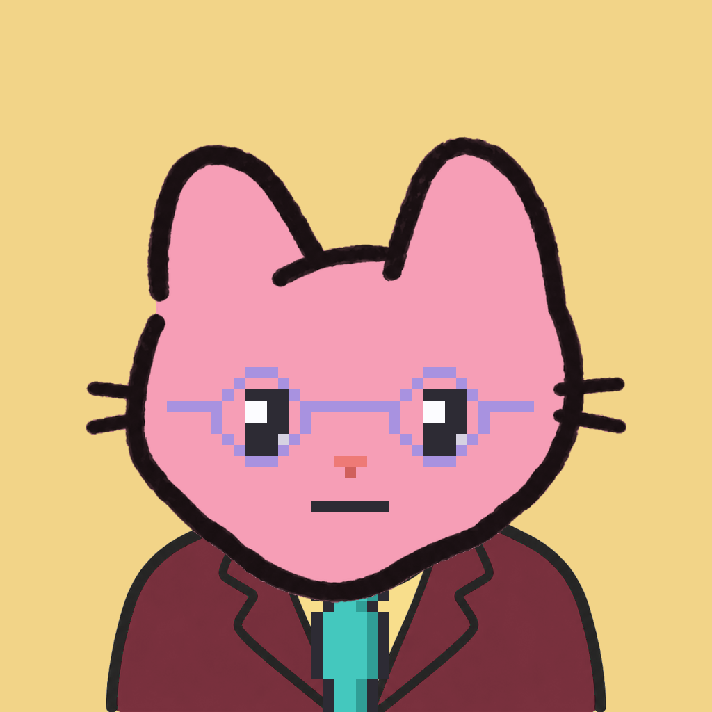 Employee #2800 — a pink cat, in a burgundy suit, with a teal tie, wearing round-lavender glasses, on butter