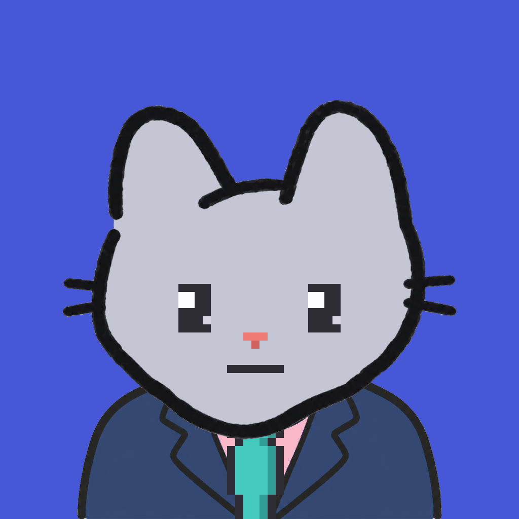 Employee #2801 — a gray cat, in a navy suit, with a teal tie, on royal
