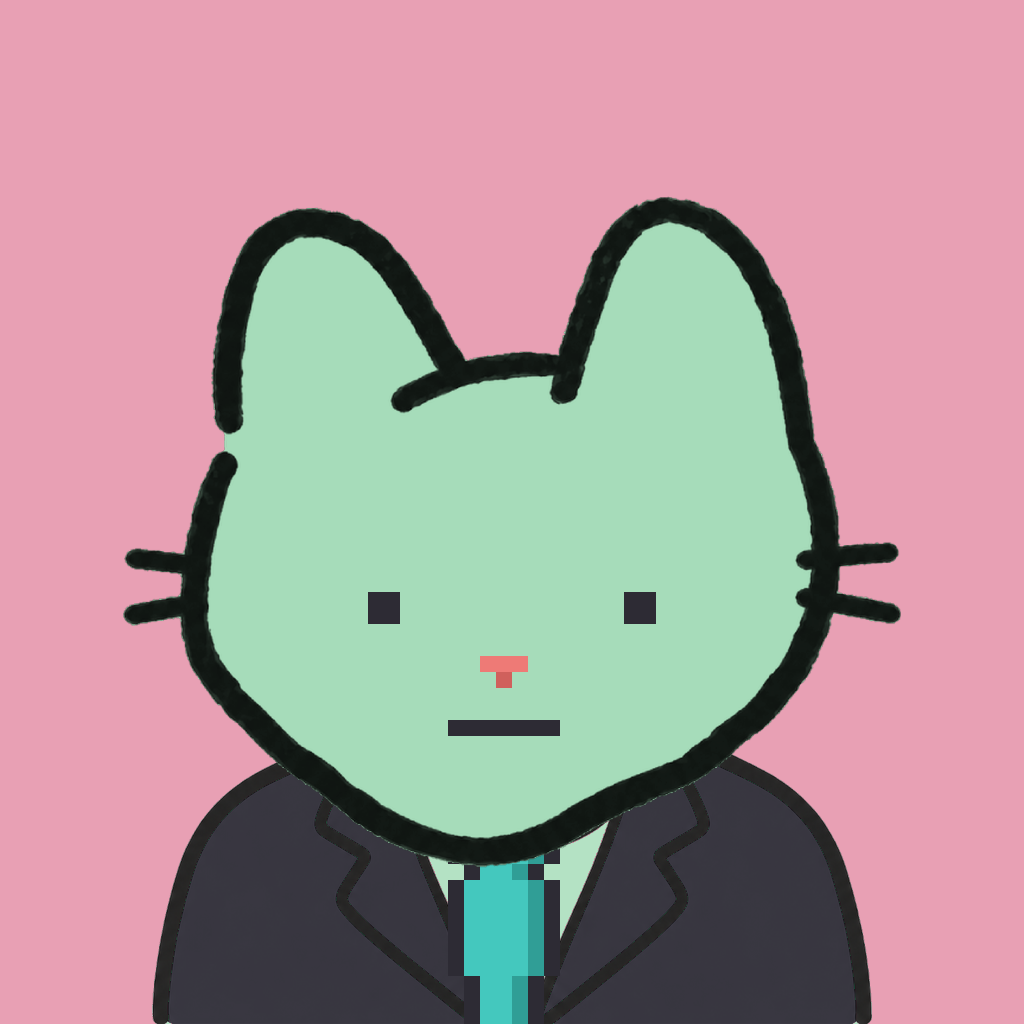 Employee #2802 — a mint cat, in a black suit, with a teal tie, on rose
