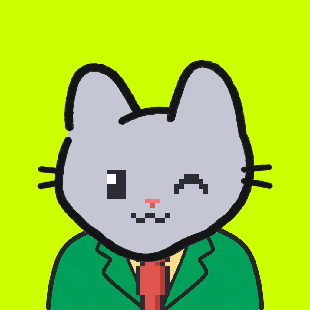 Employee #2803 — a gray cat, in a green suit, with a red tie, on volt
