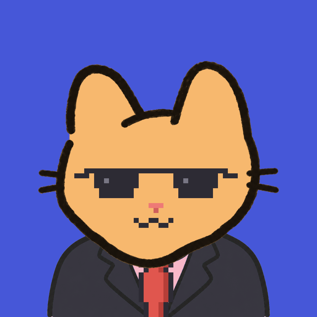 Employee #2804 — a tabby cat, in a black suit, with a red tie, wearing shades glasses, on royal