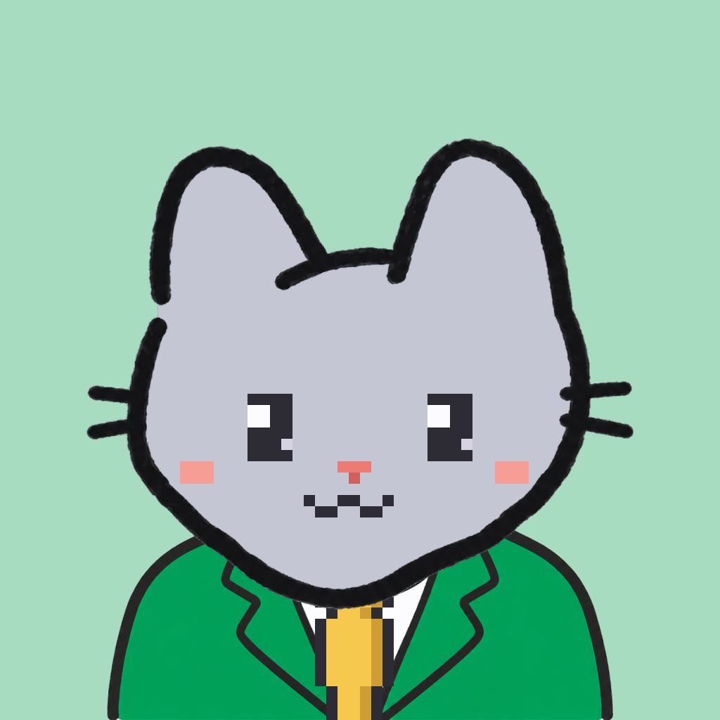 Employee #2805 — a gray cat, in a green suit, with a gold tie, on mint