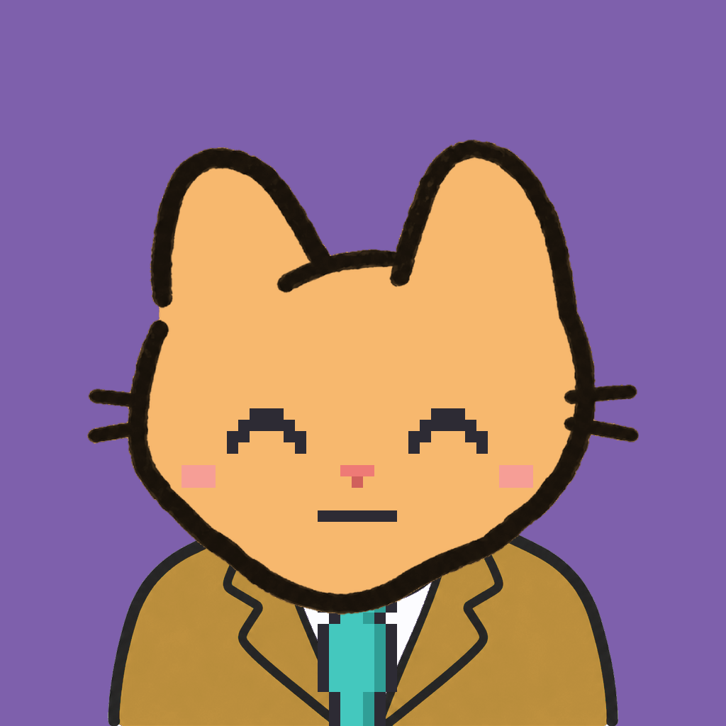 Employee #2806 — a tabby cat, in a mustard suit, with a teal tie, on plasma violet