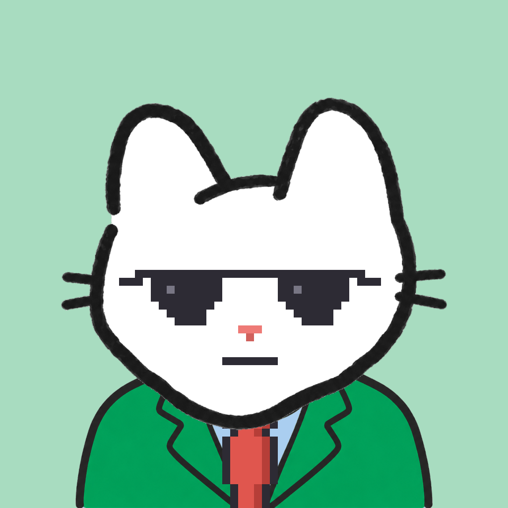 Employee #2807 — a white cat, in a green suit, with a red tie, wearing shades glasses, on mint
