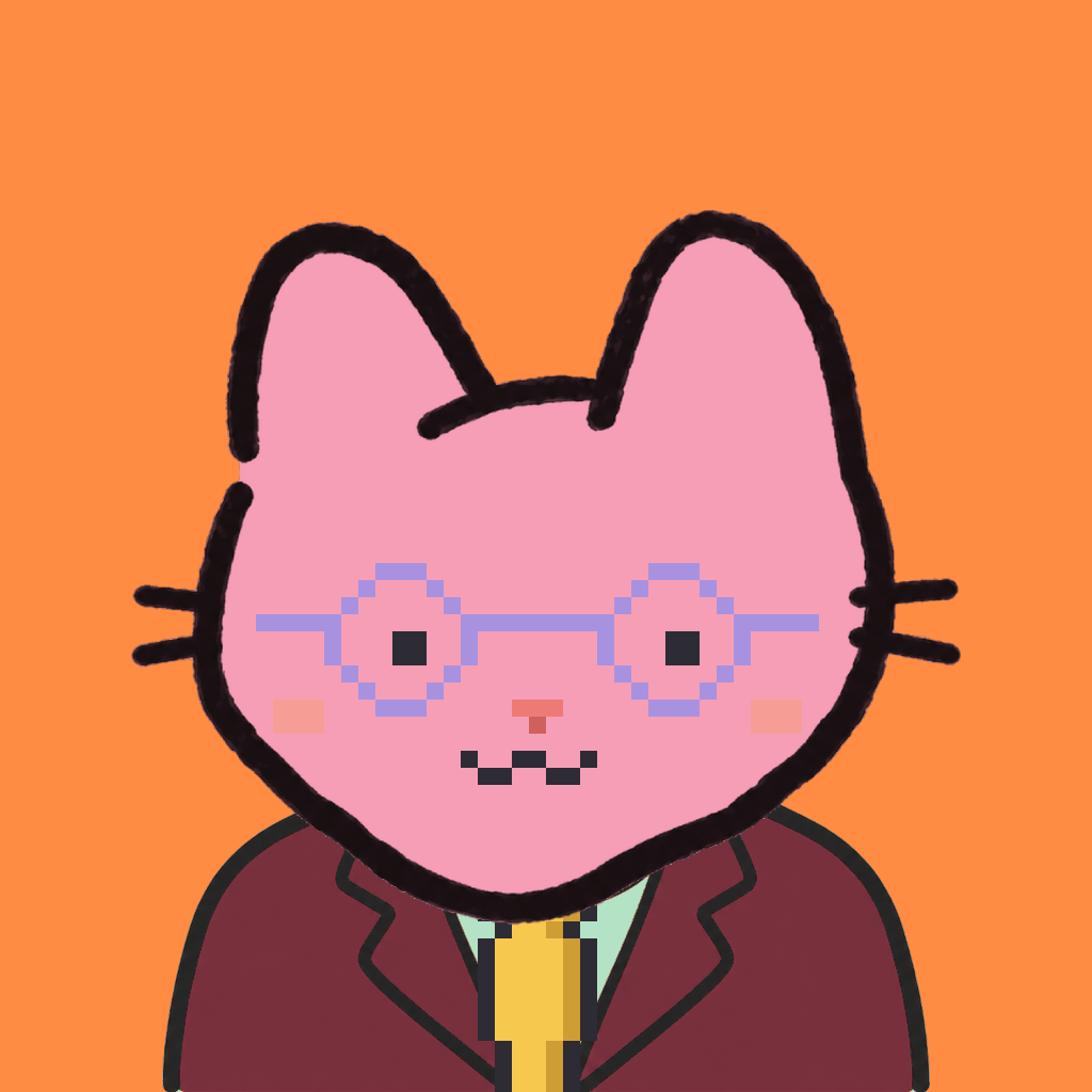 Employee #2808 — a pink cat, in a burgundy suit, with a gold tie, wearing round-lavender glasses, on tangerine