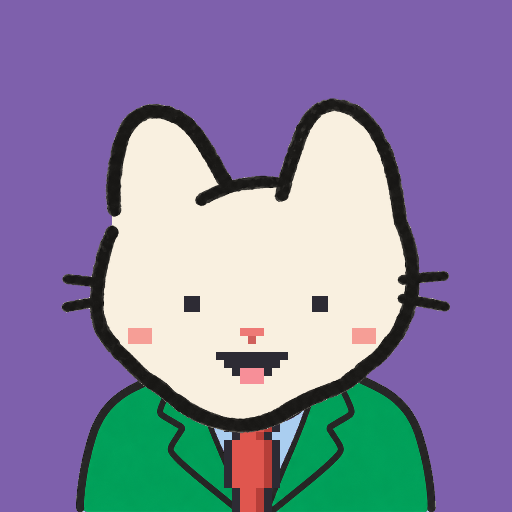 Employee #2809 — a cream cat, in a green suit, with a red tie, on plasma violet