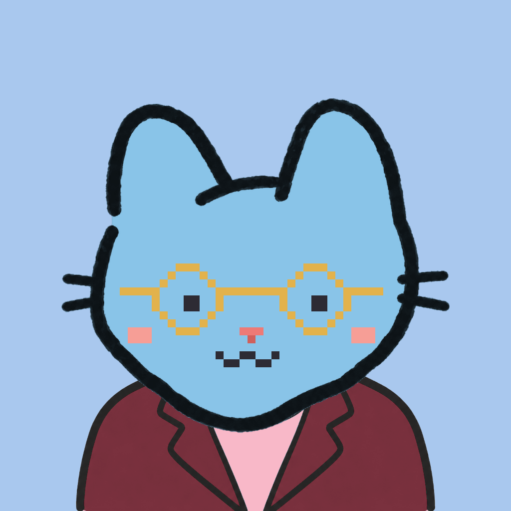 Employee #0281 — a sky cat, in a burgundy suit, wearing round-gold glasses, on sky