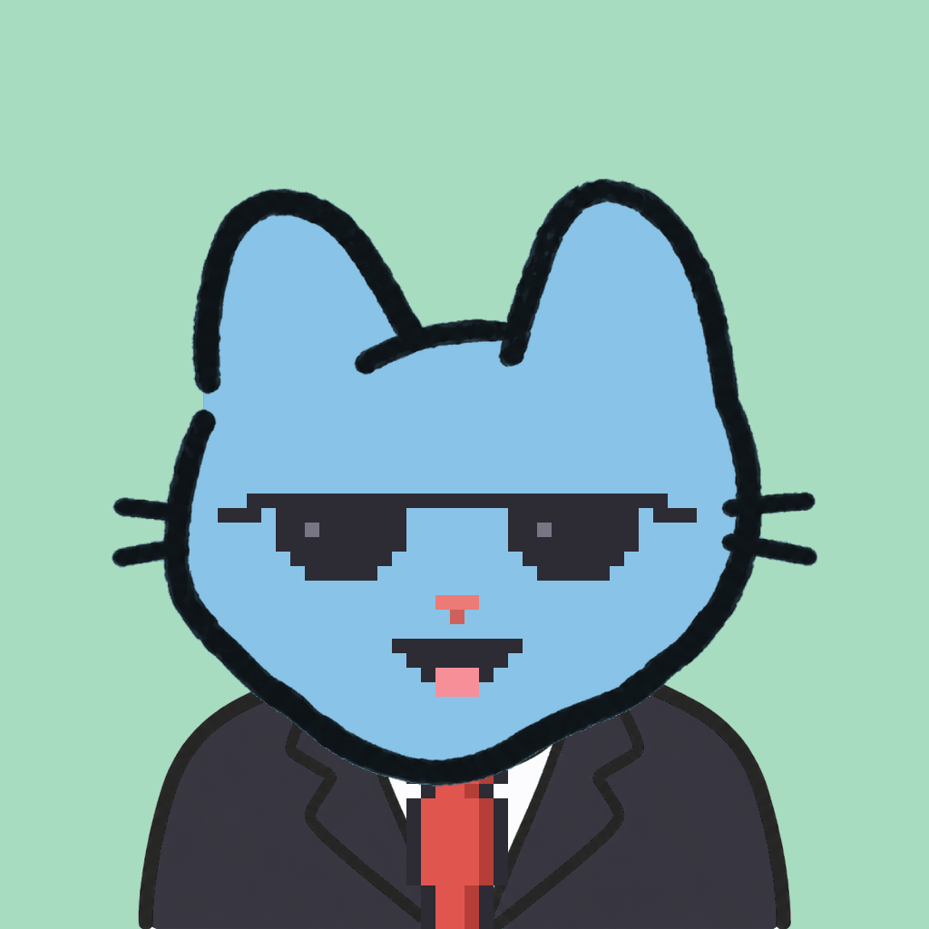 Employee #2810 — a sky cat, in a black suit, with a red tie, wearing shades glasses, on mint