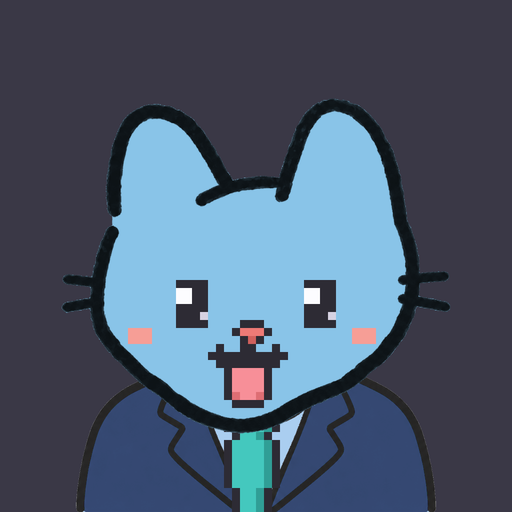 Employee #2811 — a sky cat, in a navy suit, with a teal tie, on charcoal