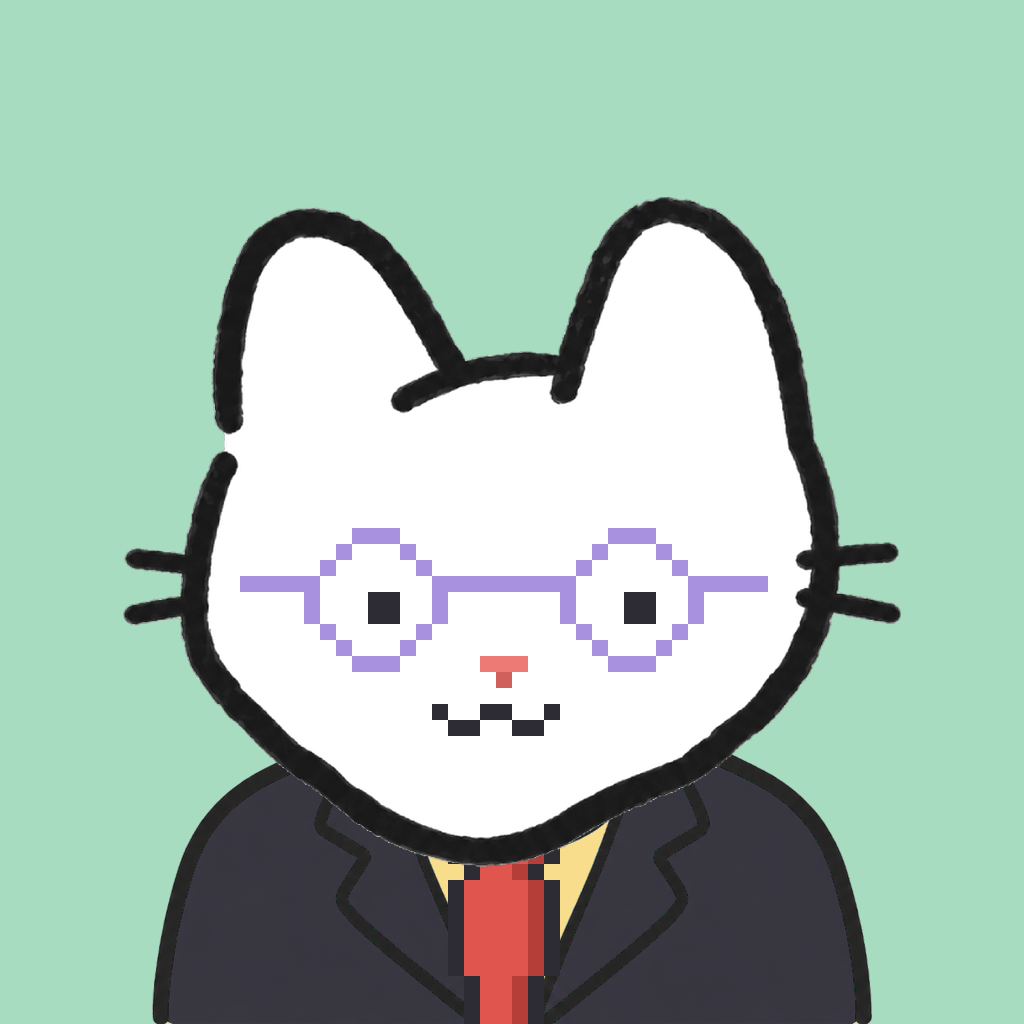 Employee #2812 — a white cat, in a black suit, with a red tie, wearing round-lavender glasses, on mint