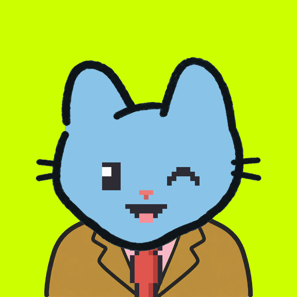 Employee #2813 — a sky cat, in a mustard suit, with a red tie, on volt