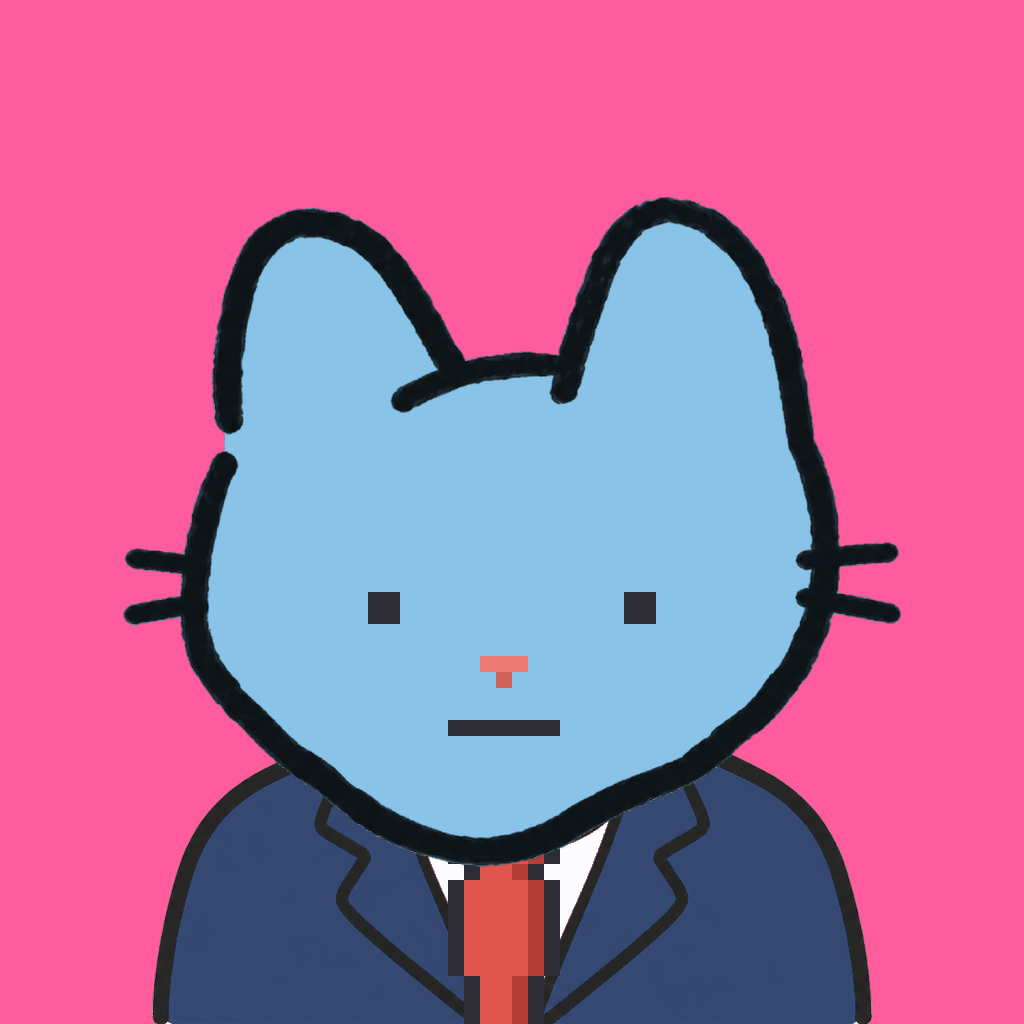 Employee #2814 — a sky cat, in a navy suit, with a red tie, on hot pink