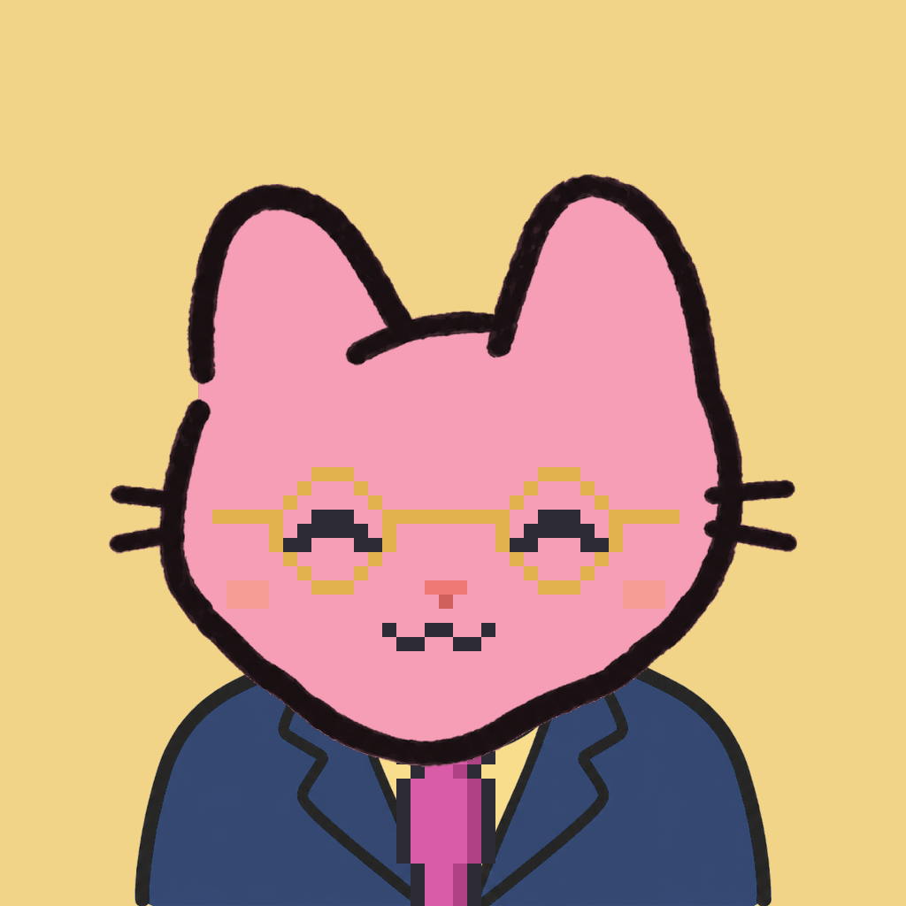 Employee #2815 — a pink cat, in a navy suit, with a magenta tie, wearing round-gold glasses, on butter
