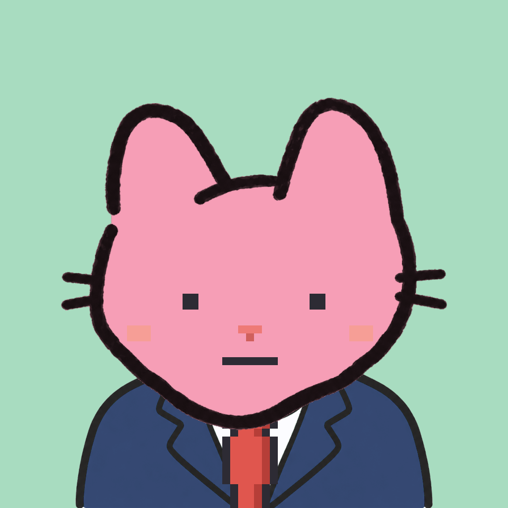 Employee #2816 — a pink cat, in a navy suit, with a red tie, on mint