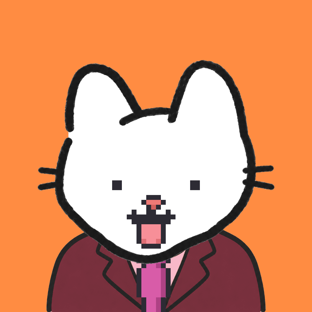 Employee #2817 — a white cat, in a burgundy suit, with a magenta tie, on tangerine