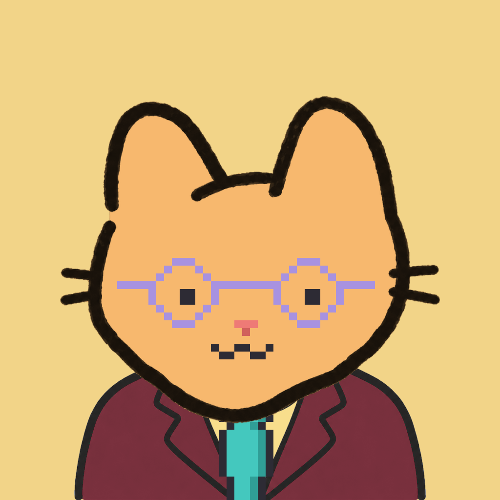 Employee #2818 — a tabby cat, in a burgundy suit, with a teal tie, wearing round-lavender glasses, on butter
