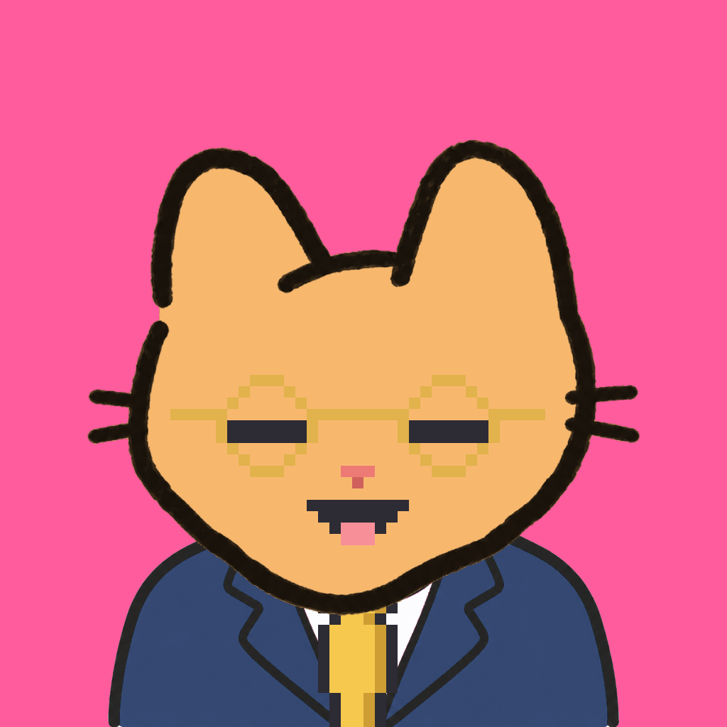 Employee #2819 — a tabby cat, in a navy suit, with a gold tie, wearing round-gold glasses, on hot pink