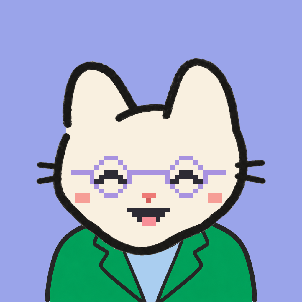 Employee #0282 — a cream cat, in a green suit, wearing round-lavender glasses, on periwinkle
