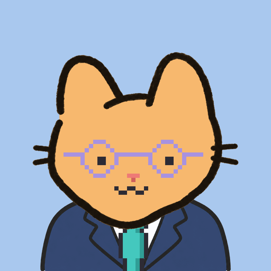 Employee #2820 — a tabby cat, in a navy suit, with a teal tie, wearing round-lavender glasses, on sky