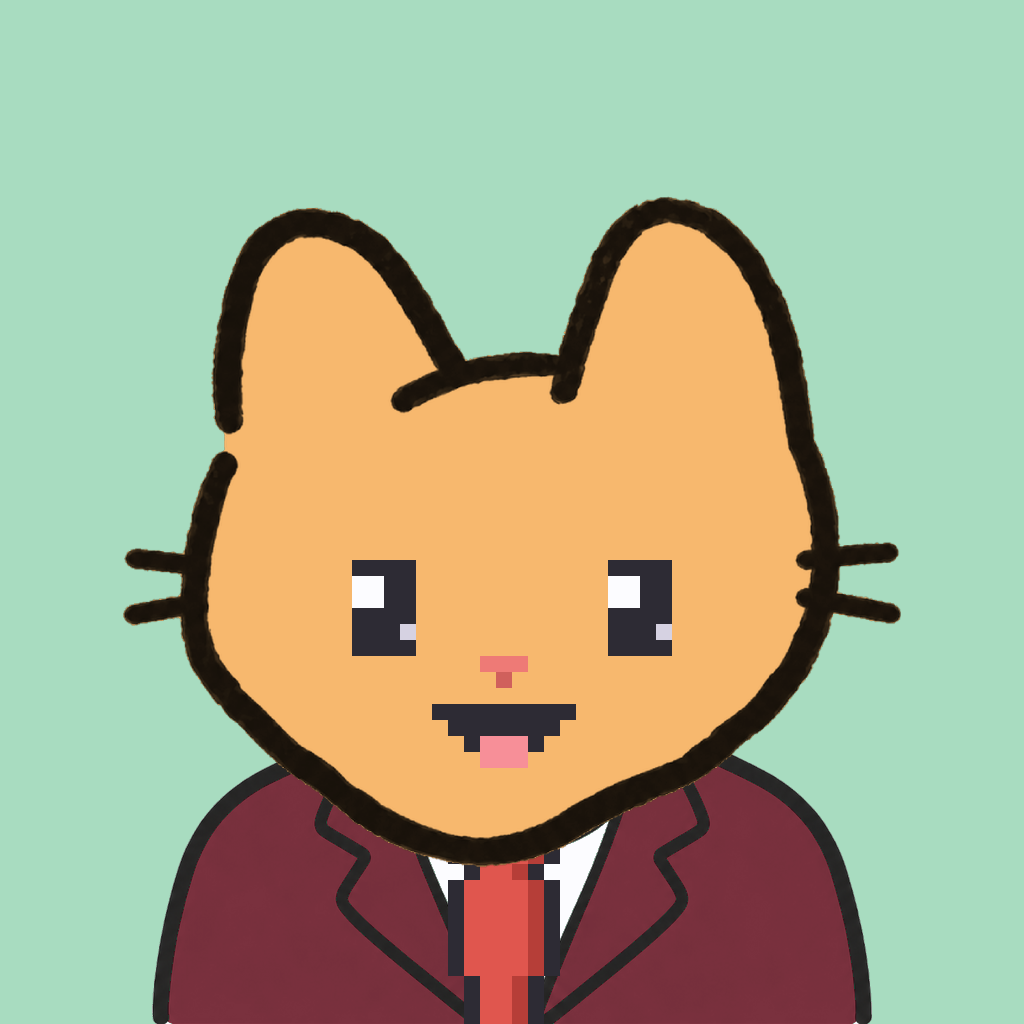 Employee #2821 — a tabby cat, in a burgundy suit, with a red tie, on mint