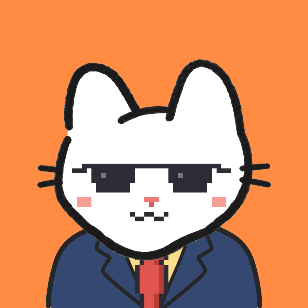 Employee #2822 — a white cat, in a navy suit, with a red tie, wearing shades glasses, on tangerine