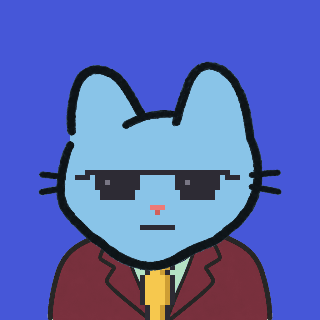 Employee #2823 — a sky cat, in a burgundy suit, with a gold tie, wearing shades glasses, on royal