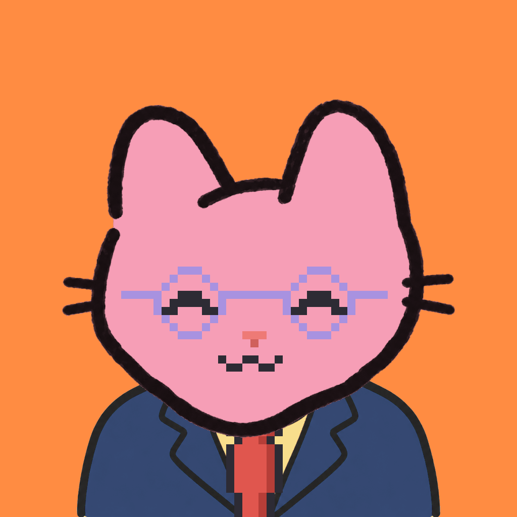 Employee #2824 — a pink cat, in a navy suit, with a red tie, wearing round-lavender glasses, on tangerine