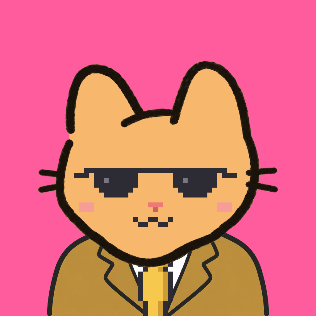 Employee #2825 — a tabby cat, in a mustard suit, with a gold tie, wearing shades glasses, on hot pink