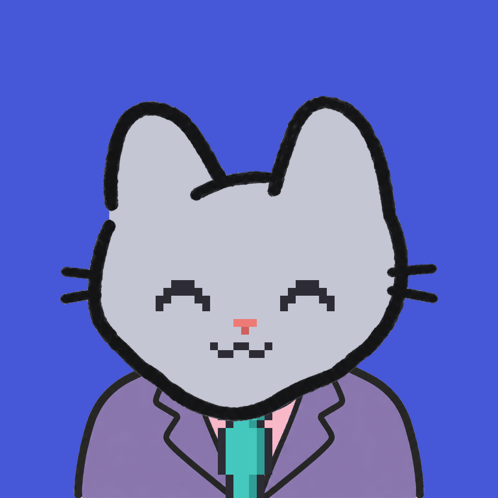 Employee #2827 — a gray cat, in a lavender suit, with a teal tie, on royal