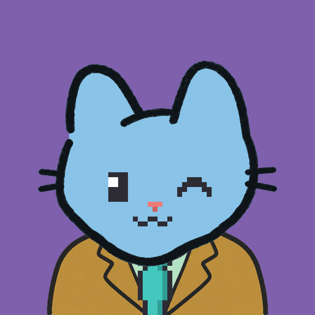 Employee #2828 — a sky cat, in a mustard suit, with a teal tie, on plasma violet