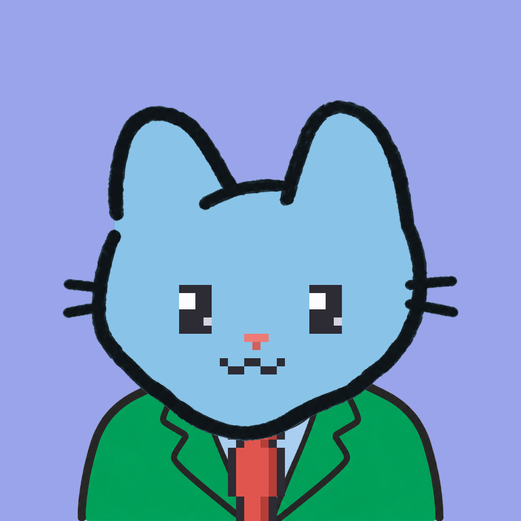 Employee #2829 — a sky cat, in a green suit, with a red tie, on periwinkle