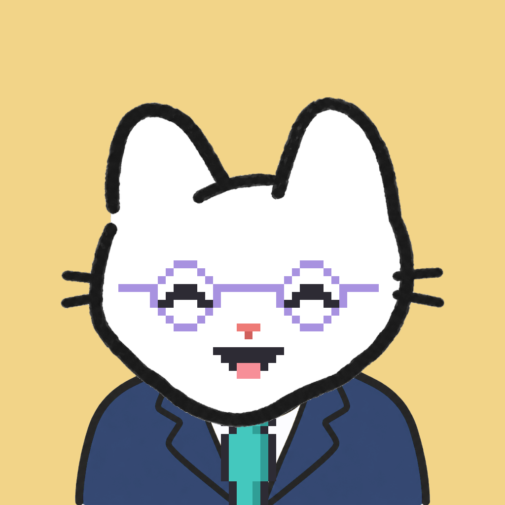 Employee #0283 — a white cat, in a navy suit, with a teal tie, wearing round-lavender glasses, on butter