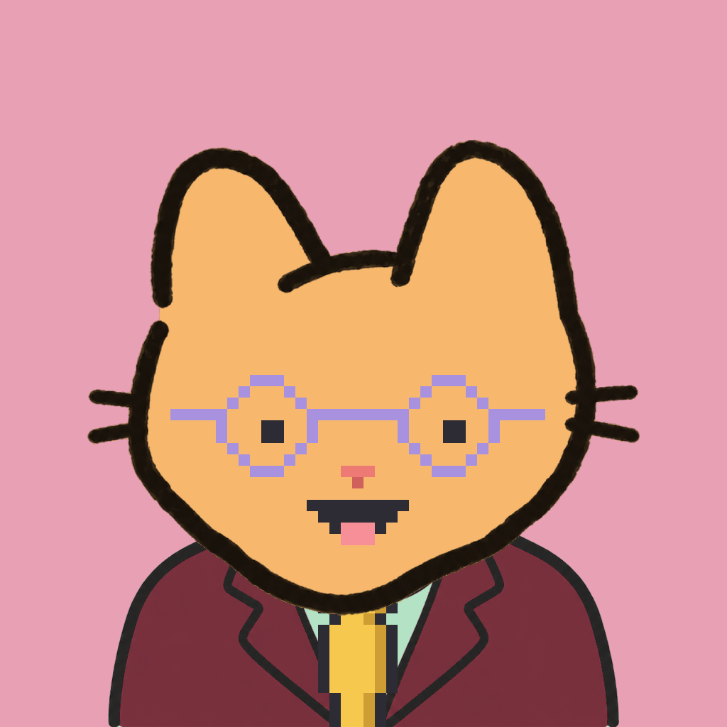 Employee #2830 — a tabby cat, in a burgundy suit, with a gold tie, wearing round-lavender glasses, on rose