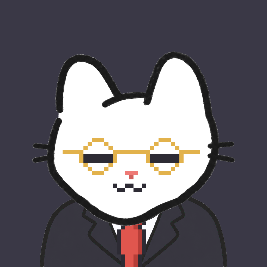 Employee #2831 — a white cat, in a black suit, with a red tie, wearing round-gold glasses, on charcoal