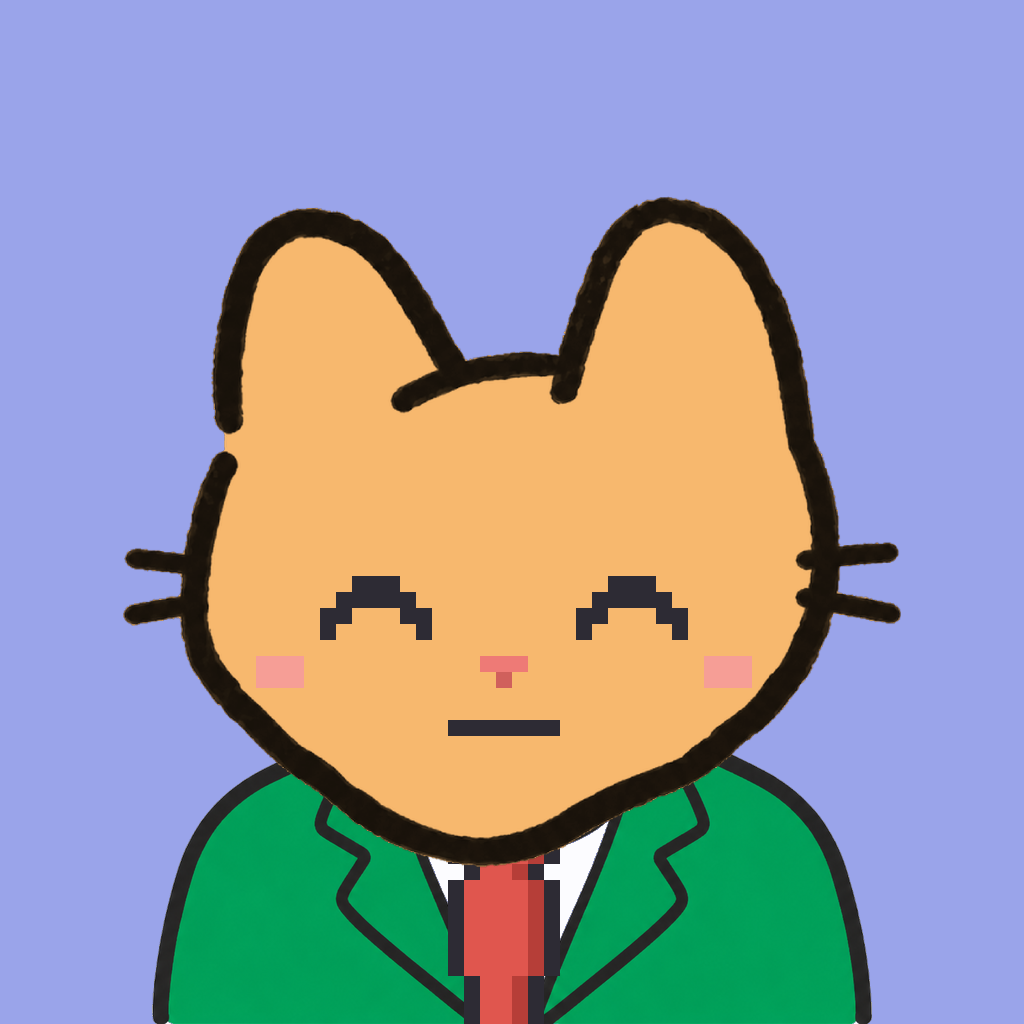 Employee #2832 — a tabby cat, in a green suit, with a red tie, on periwinkle