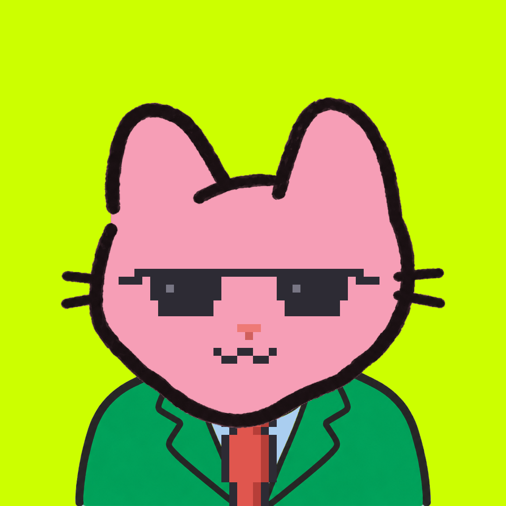 Employee #2833 — a pink cat, in a green suit, with a red tie, wearing shades glasses, on volt