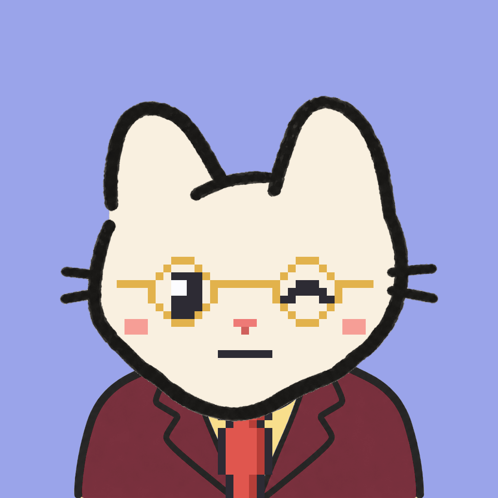 Employee #2835 — a cream cat, in a burgundy suit, with a red tie, wearing round-gold glasses, on periwinkle