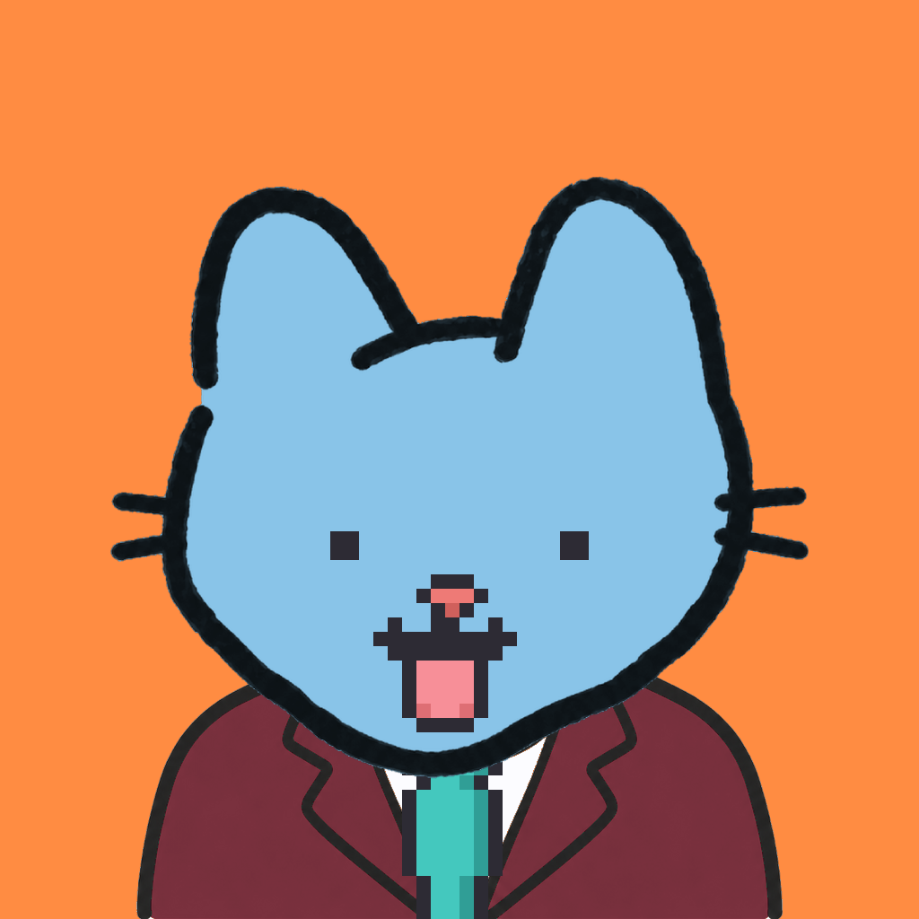 Employee #2836 — a sky cat, in a burgundy suit, with a teal tie, on tangerine