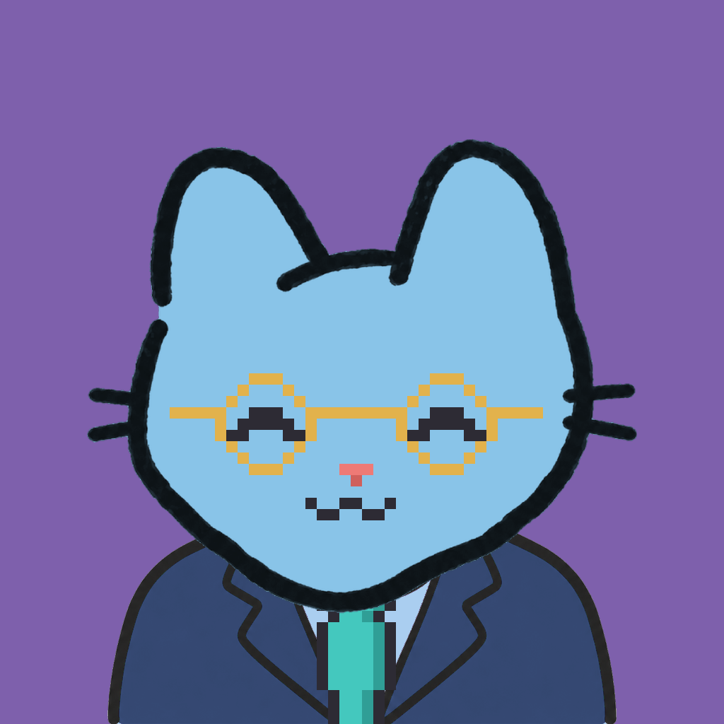 Employee #2837 — a sky cat, in a navy suit, with a teal tie, wearing round-gold glasses, on plasma violet
