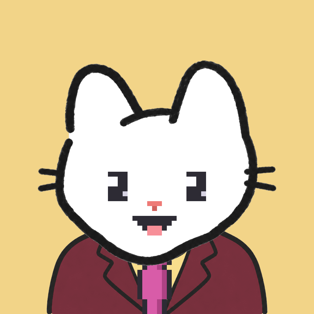 Employee #2838 — a white cat, in a burgundy suit, with a magenta tie, on butter