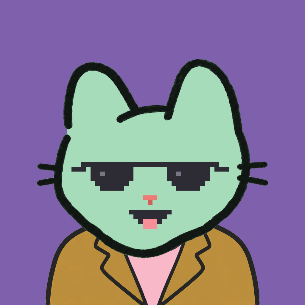 Employee #2839 — a mint cat, in a mustard suit, wearing shades glasses, on plasma violet