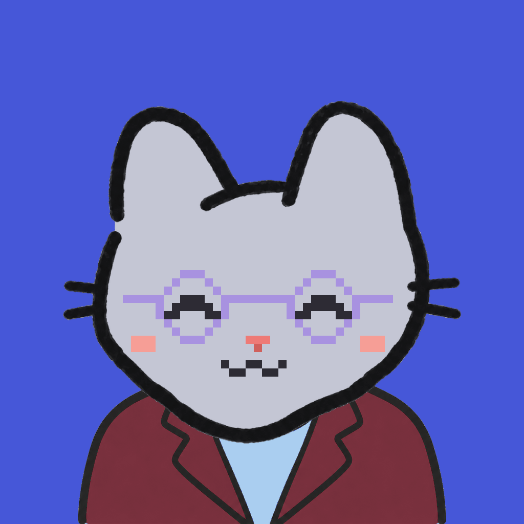 Employee #0284 — a gray cat, in a burgundy suit, wearing round-lavender glasses, on royal