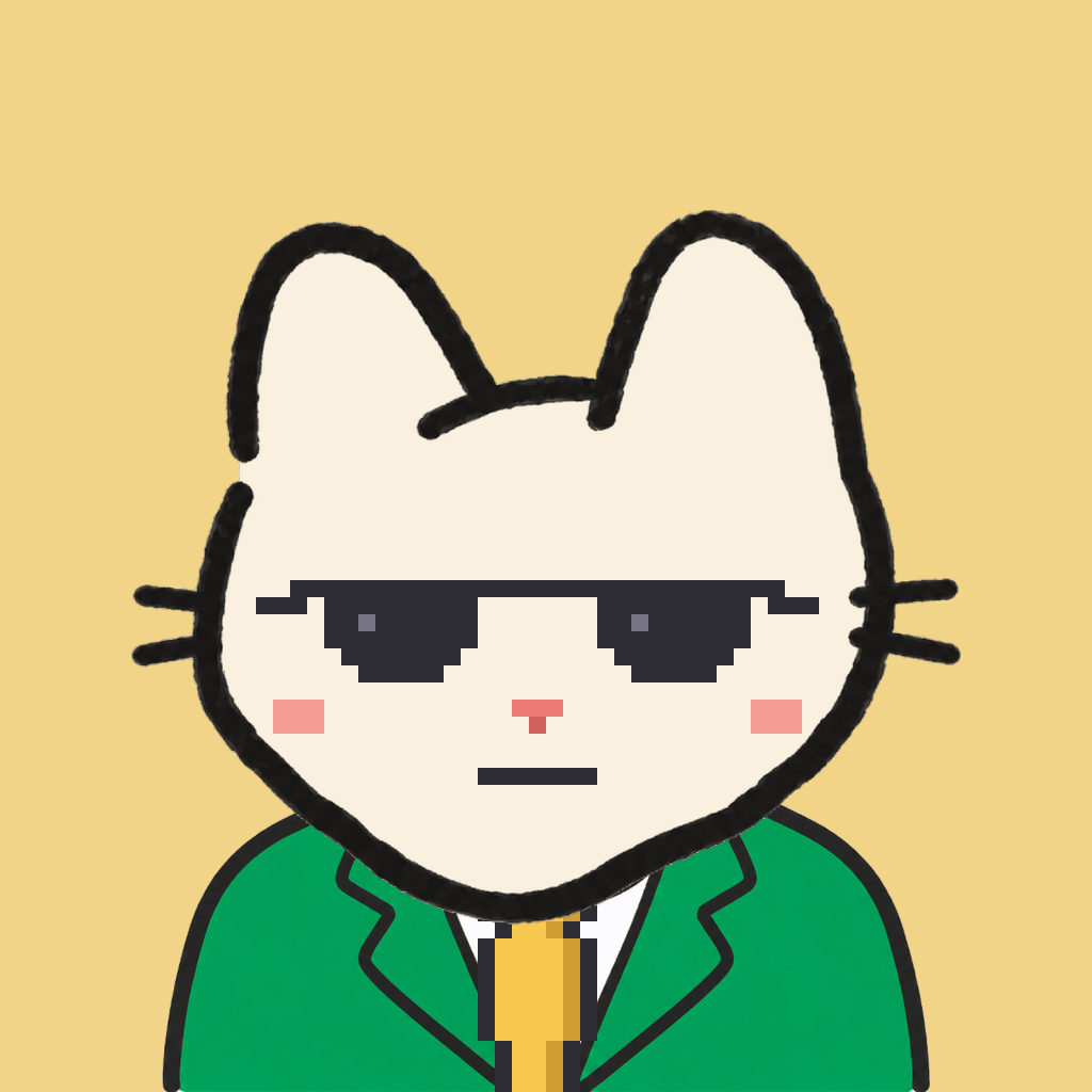 Employee #2840 — a cream cat, in a green suit, with a gold tie, wearing shades glasses, on butter