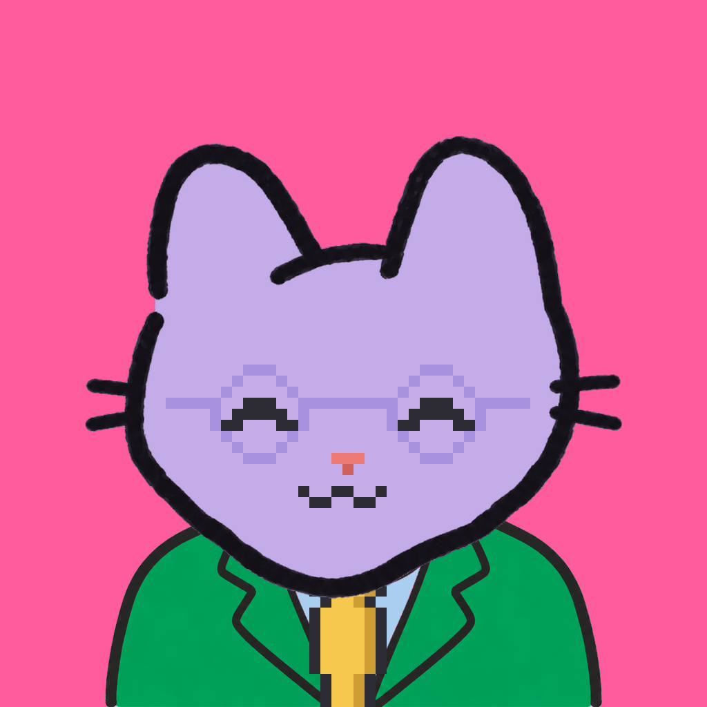 Employee #2841 — a lavender cat, in a green suit, with a gold tie, wearing round-lavender glasses, on hot pink